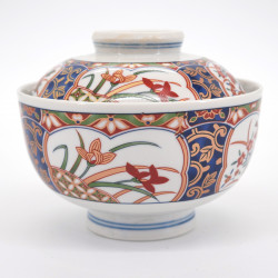 Japanese ceramic bowl with lid, KINSAI NISHIKI KUSABANA, arita