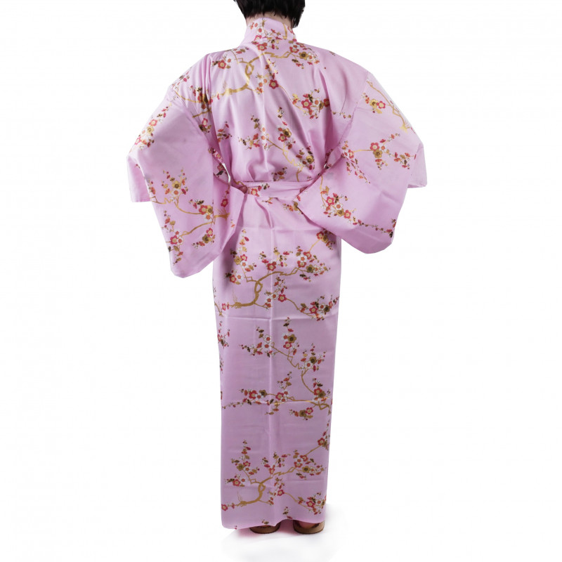 kimono yukata traditionnel japonais rose en coton fleurs prune dorées pour femme