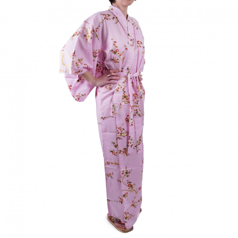 yukata japonés kimono algodón rosa, KINUME, flores de ciruelo dorado