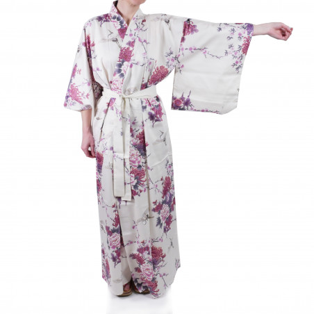 Japanese white kimono for women flying crane and peony