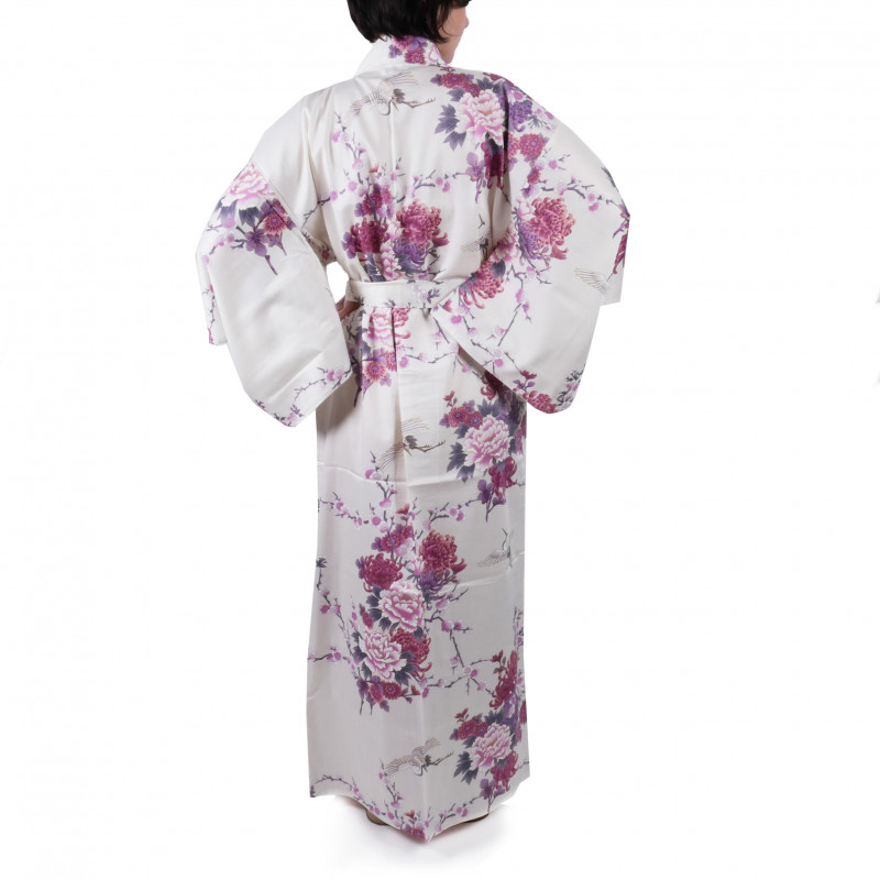Kimono de algodón blanco japonés, TSURU PEONY, grulla y peonía