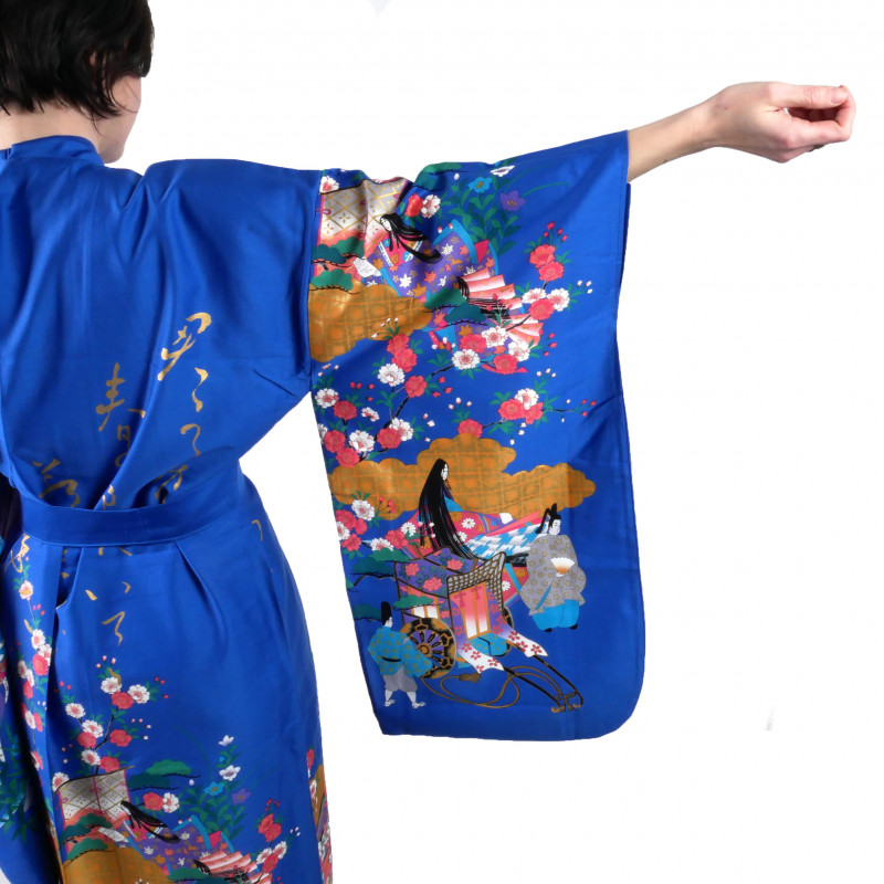 Japanese traditional blue kimono gilt poem and princess for ladies