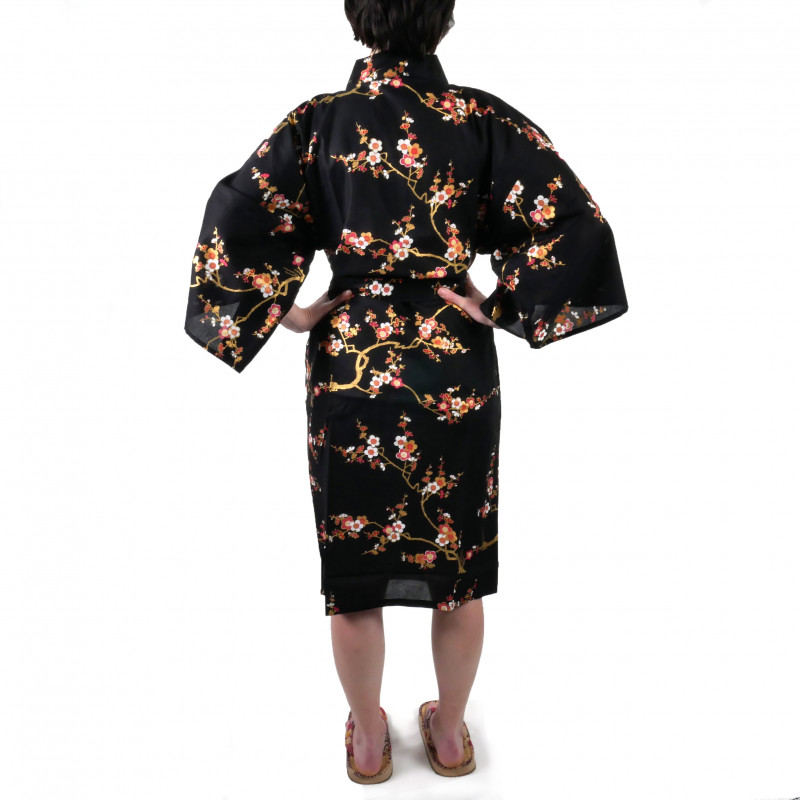 happi kimono traditionnel japonais noir en coton fleurs prune dorées pour femme