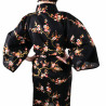 happi kimono traditionnel japonais noir en coton fleurs prune dorées pour femme