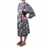 Happi japanischer Kimono aus schwarzer Baumwolle, SAKURAGUMO, Kirschblüten auf Wolkenmuster