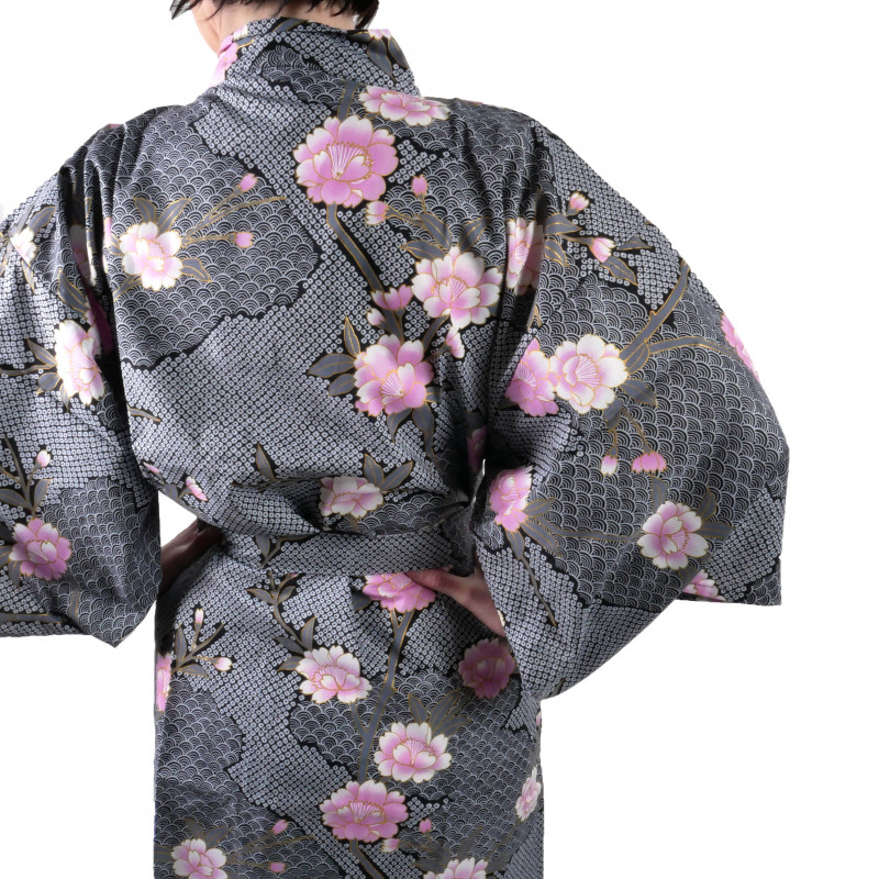 Happi japanischer Kimono aus schwarzer Baumwolle, SAKURAGUMO, Kirschblüten auf Wolkenmuster