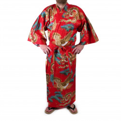 kimono yukata giapponese rosso in cotone, RYÛMATSU, drago e pini