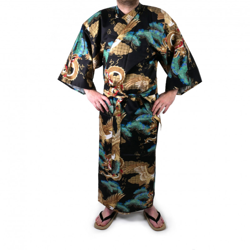 kimono yukata giapponese nero  in cotone, RYÛMATSU, drago e pini