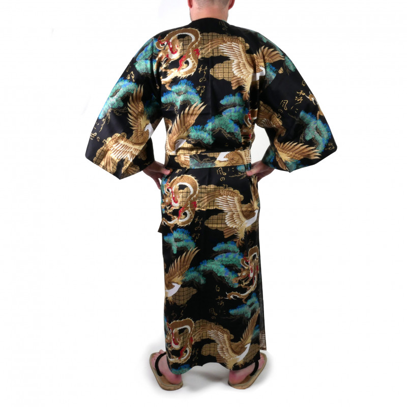 Kimono yukata japonés en algodón negro, RYÛMATSU, dragón y pinos
