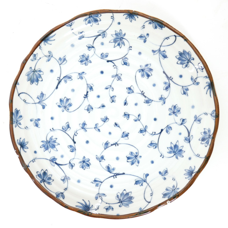 Japanese round ceramic plate tsuru-karakusa