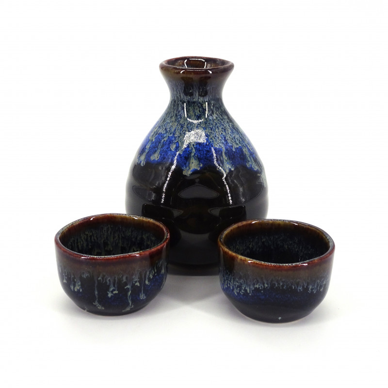 Japanischer Sake-Service 2 Gläser und 1 Flasche, KUROBURU, blau