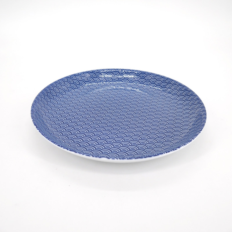 piatto blu rotondo giapponese di ceramica, SEIGAIHA, onde