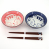 Japanese 2 ramen bowls set in ceramic with chopsticks MANEKINEKO red and blue