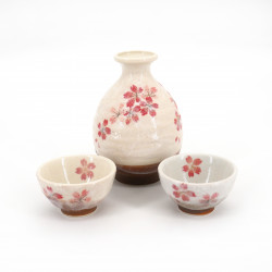 Japanischer Sake-Service aus Keramik, 1 Flasche und 2 Tassen, SAKURAZAKE, weiße und rosa Blumen