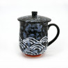 taza japonesa negra de ceramica con tapa, SEIGAIHA, olas