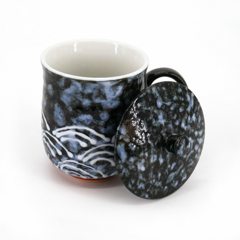 japanese black teacup with lid SEIGAIHA waves