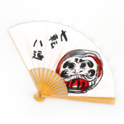 Éventail japonais blanc en papier et bambou motif daruma, DARUMA, 25.5cm