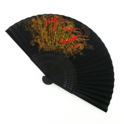 Abanico japonés negro de poliéster y bambú con motivo de dragón, RYU, 22cm