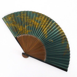 japanese green fan 22cm for man in paper and bamboo, SUZUME, sparrow