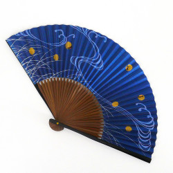 japanese blue fan 22cm for man in paper and bamboo, HOTARU, firefly