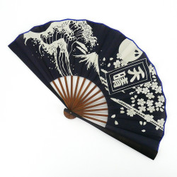 Abanico japonés azul oscuro 25.5cm para hombres en algodón, APARE, fuji sakura olas