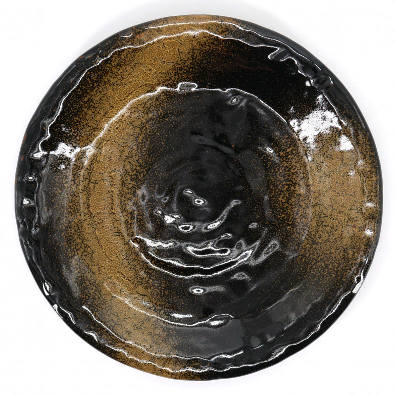 japanische schwarze runde platte aus keramik, KINKA, goldene pinsel