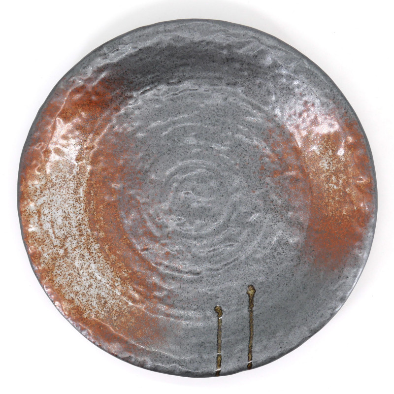 assiette ronde japonaise en céramique, AKISHINO, noire et rouille