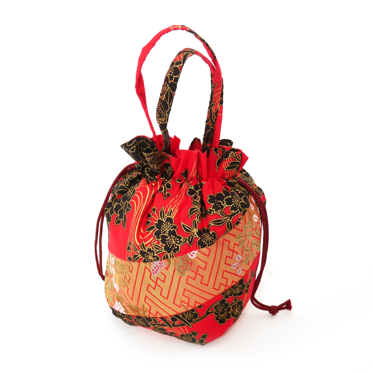 Japanese traditional red kimono bag in polyester various random patterns