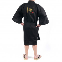 Happi kimono kanji nero samurai in cotone shantung giapponese da uomo