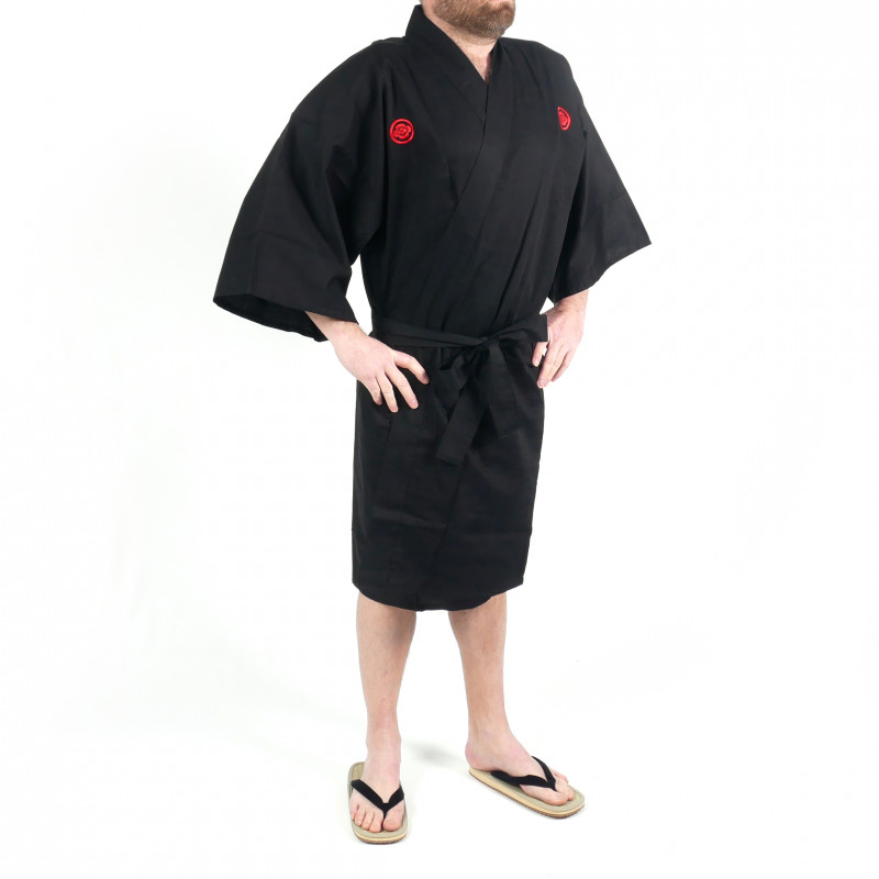 Happi kimono black kanji gold samurai cotton shantung japanese for men