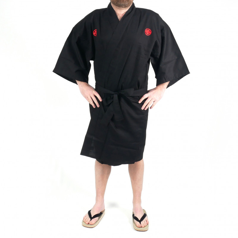 Happi Kimono schwarz Kanji Gold Samurai Baumwolle Shantung Japanisch für Männer