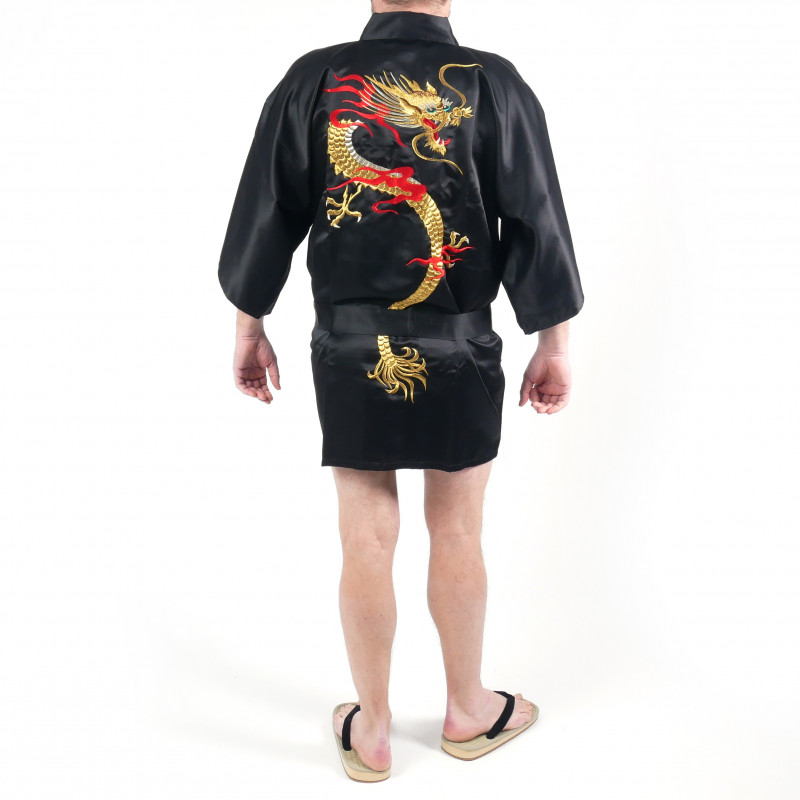 japanischer Herren hanten Kimono - schwarz, RYU, Drache