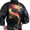 Kimono japonés hanten en algodón negro, RYU, dragón