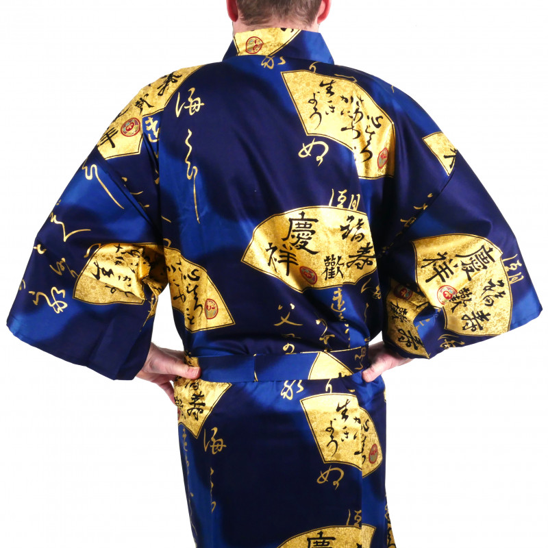 Japanese blue cotton happi coat kimono SENSU, golden fan, for men