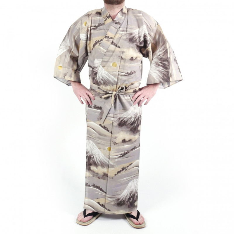 Kimono yukata japonés en algodón gris, Monte Fuji