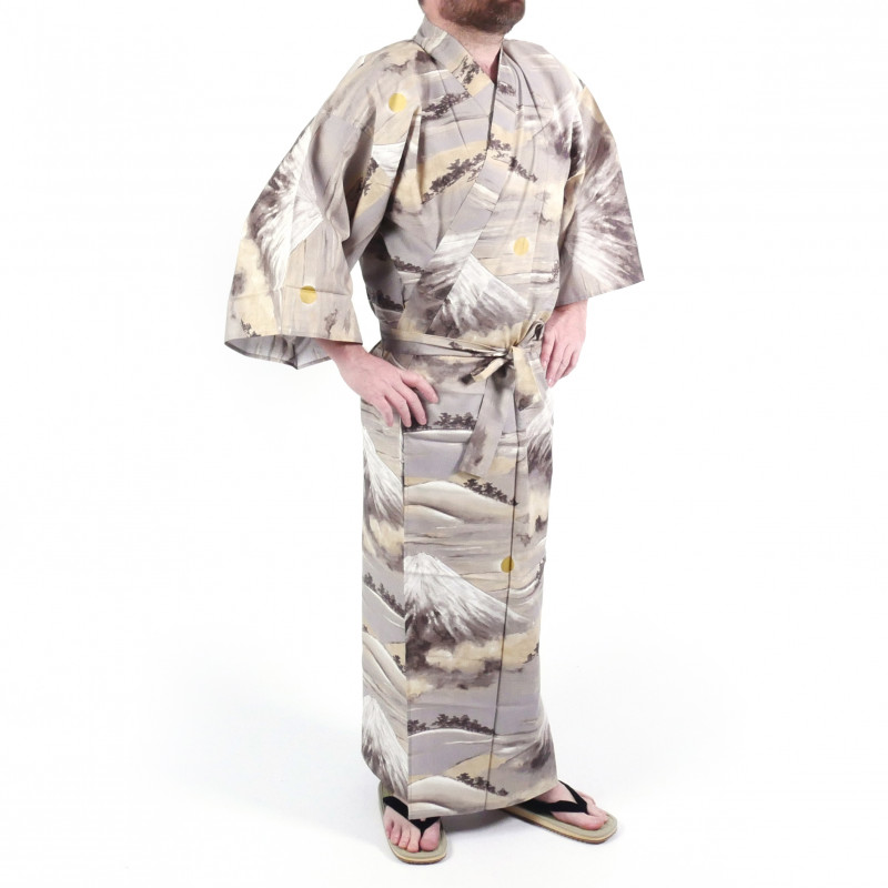 Kimono yukata japonés en algodón gris, Monte Fuji