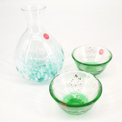 Servizio di sake in vetro giapponese, 2 bicchieri e 1 bottiglia, verde, MIZUBASHOU YUUSUZUMI