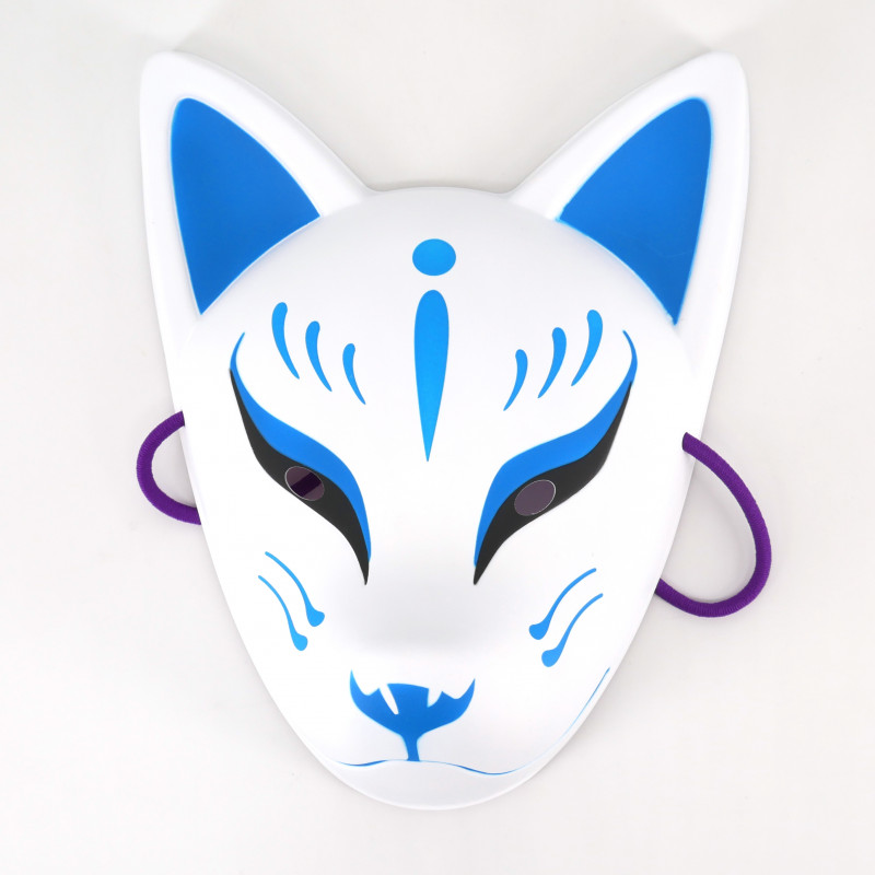 Masque de renard japonais traditionnel, KITSUNE, bleu et blznc aux yeux noirs