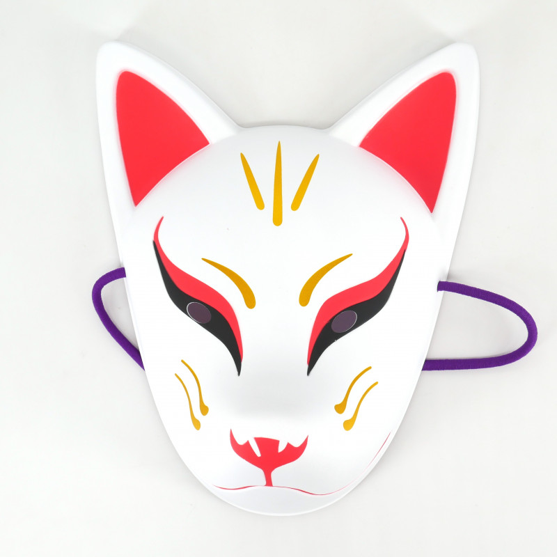 Traditional Japanese fox mask, KITSUNE, red and white with black eyes
