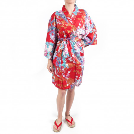 hanten traditional japanese red kimono in satin cotton little princess for women