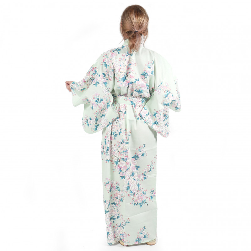 kimono yukata traditionnel japonais turquoise en coton fleurs de cerisiers blanches pour femme
