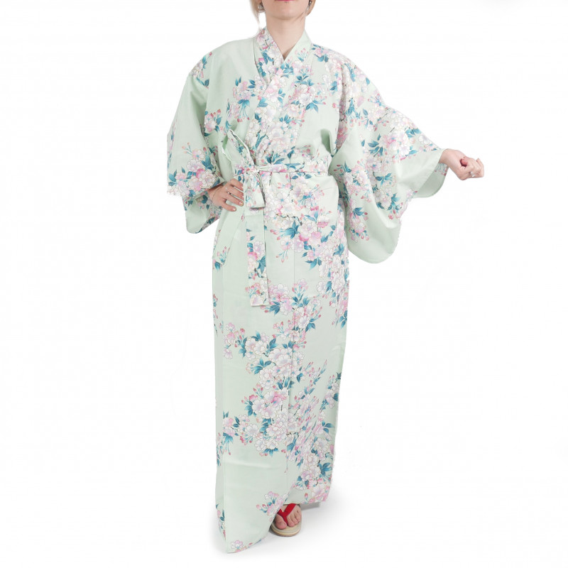 kimono yukata traditionnel japonais turquoise en coton fleurs de cerisiers blanches pour femme