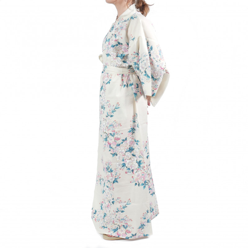 Japanese traditional white cotton yukata kimono white cherry blossoms for women