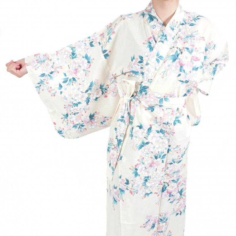 Flores de cerezo blancas japonesas tradicionales de kimono yukata de algodón blanco para mujer