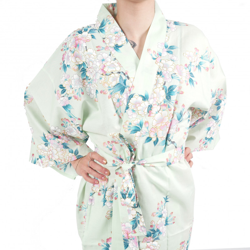 happi traditional japanese turquoise cotton kimono white cherry blossoms for women