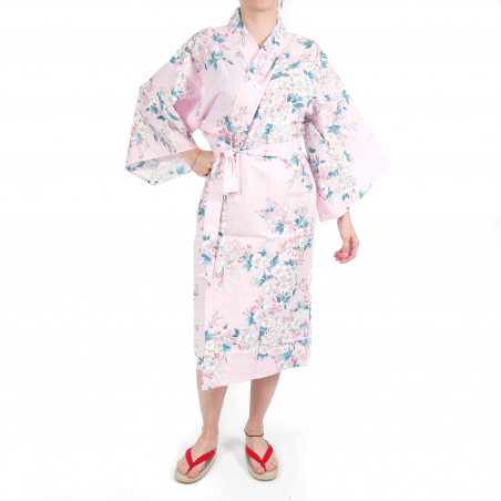 happi Japanese traditional pink cotton kimono white cherry blossoms for women