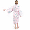 happi kimono traditionnel japonais rose en coton fleurs de cerisiers blanches pour femme