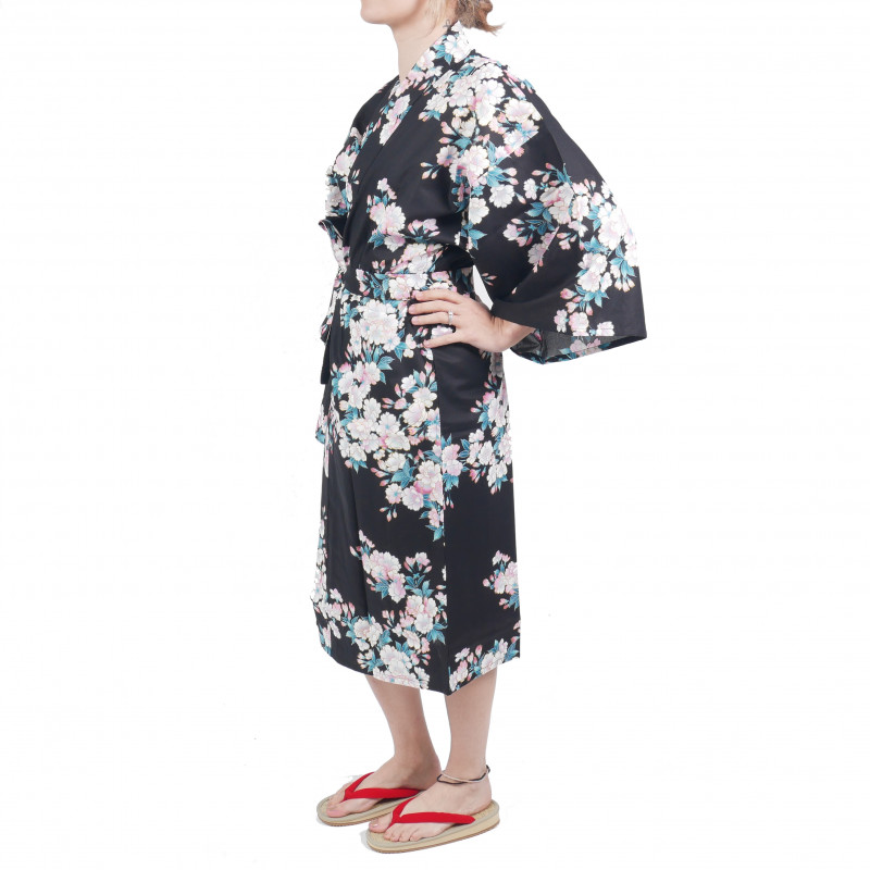 Happi traditionelle japanische schwarze Baumwolle Kimono weiße Kirschblüten für Frauen