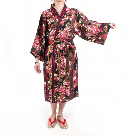 happi traditional Japanese black cotton kimono floral chrysanthemums for women