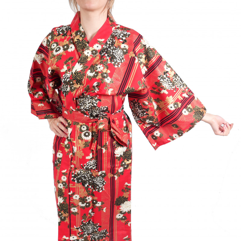 happi kimono traditionnel japonais rouge en coton chrysanthèmes fleuris pour femme